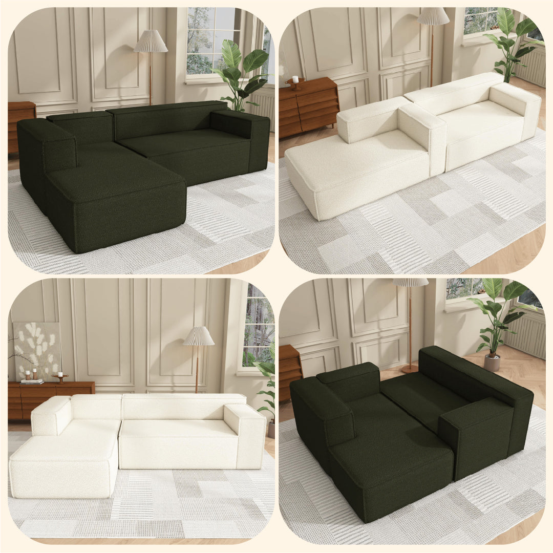 L-Shaped Chaise Lounge Sofa - Available in sleek white or sophisticated green.