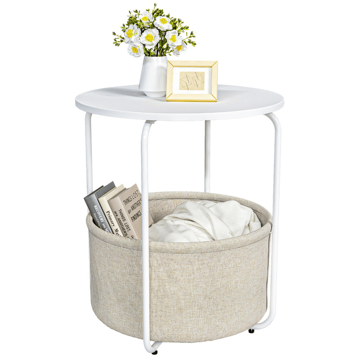 SWBVS Round End Table, Side Table for Living Room with Fabric Storage Basket