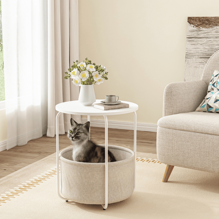 SWBVS Round End Table, Side Table for Living Room with Fabric Storage Basket