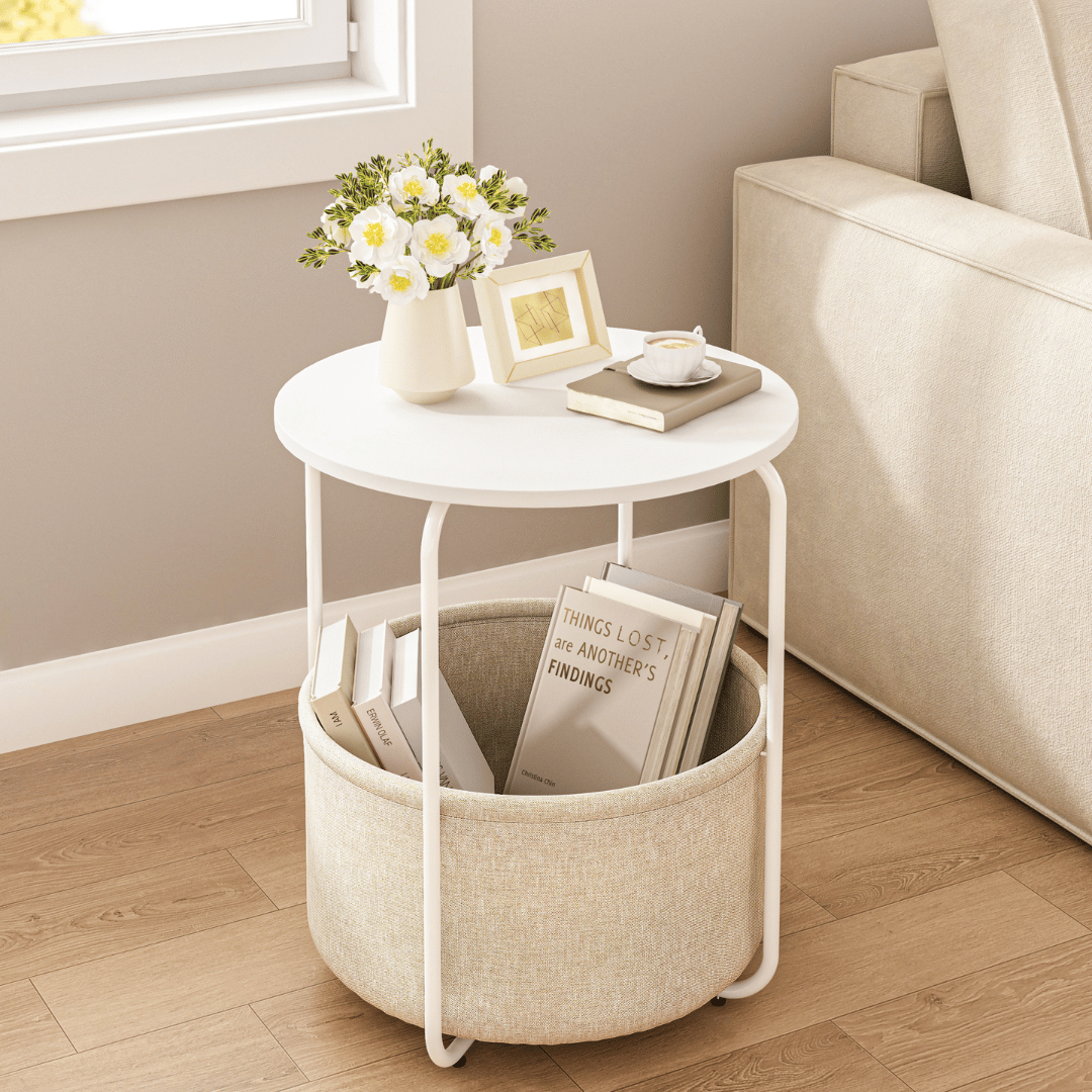 SWBVS Round End Table, Side Table for Living Room with Fabric Storage Basket