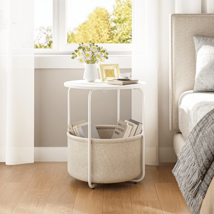 SWBVS Round End Table, Side Table for Living Room with Fabric Storage Basket