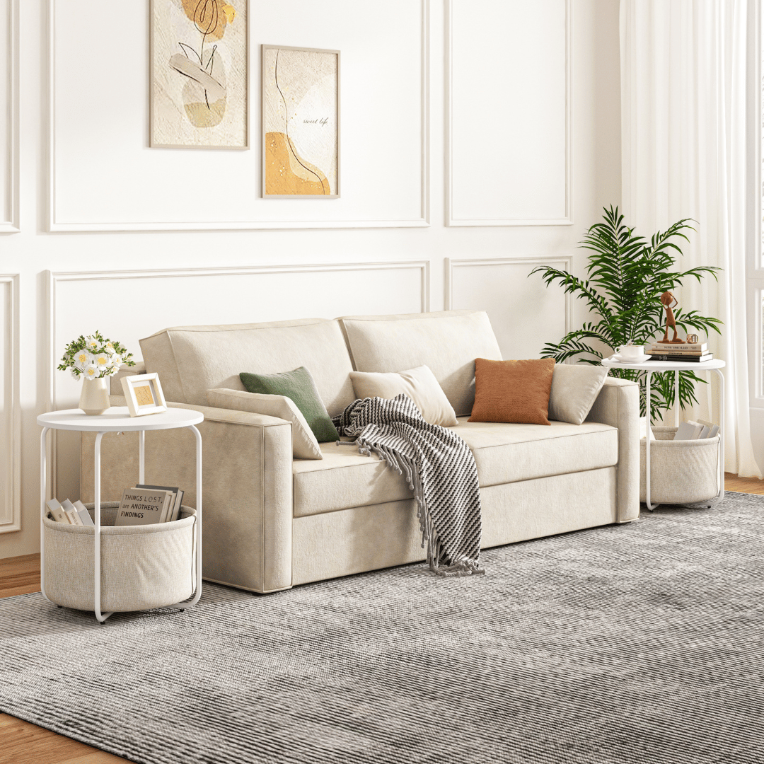 Side Table for Living Room with Fabric Storage Basket